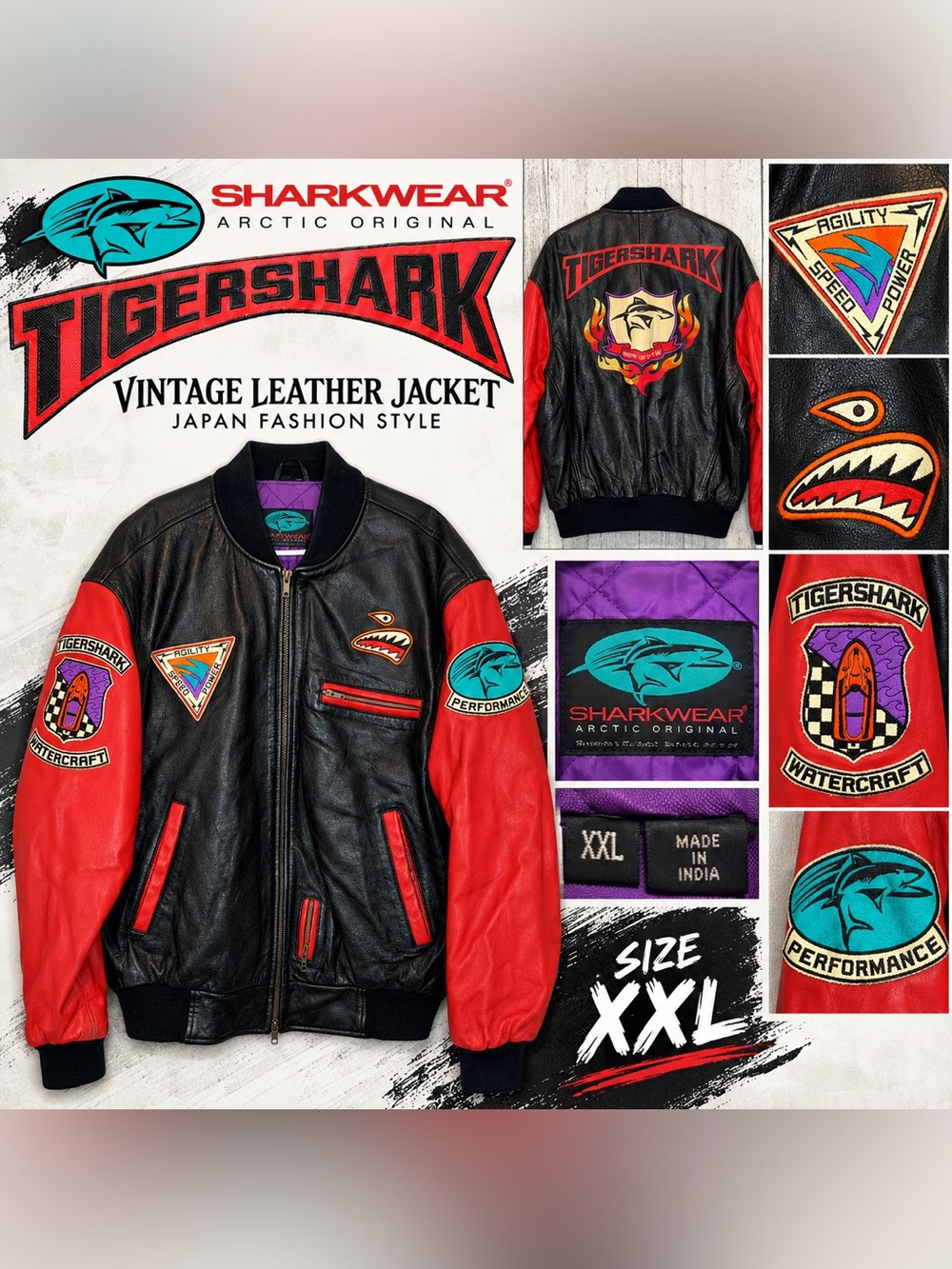 Tigershark Vintage Leather Bomber Jacket Sharkwear Arctic Original Men’s XXL